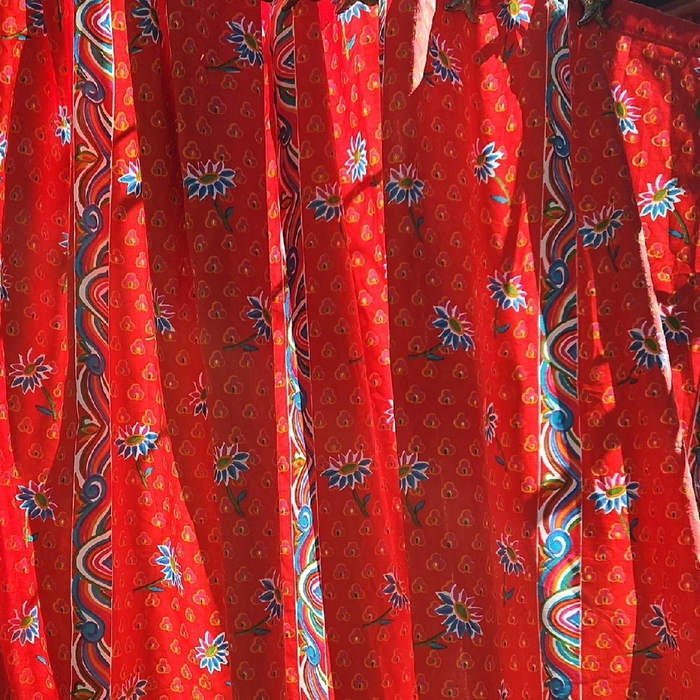 Vintage Cotton Indian Block Design  Orange  Blue Floral Shower 72" X 72" Curtain - Picture 13 of 17